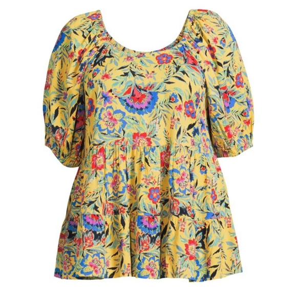 Terra & Sky Tops - 3X Yellow Floral Babydoll Tiered Top Terra & Sky Plus Size